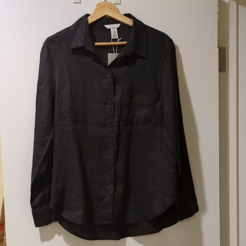 NWT H&M Women's Black Linen Long Sleeve Button-down Shirt Small